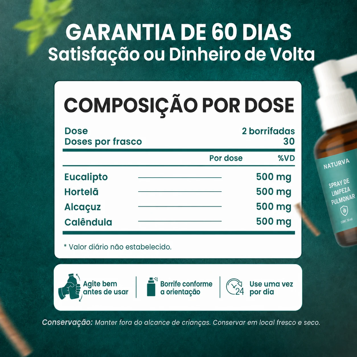 Composição: eucalipto, hortelã, alcaçuz e calêndula, 500 mg cada, 30 doses por frasco