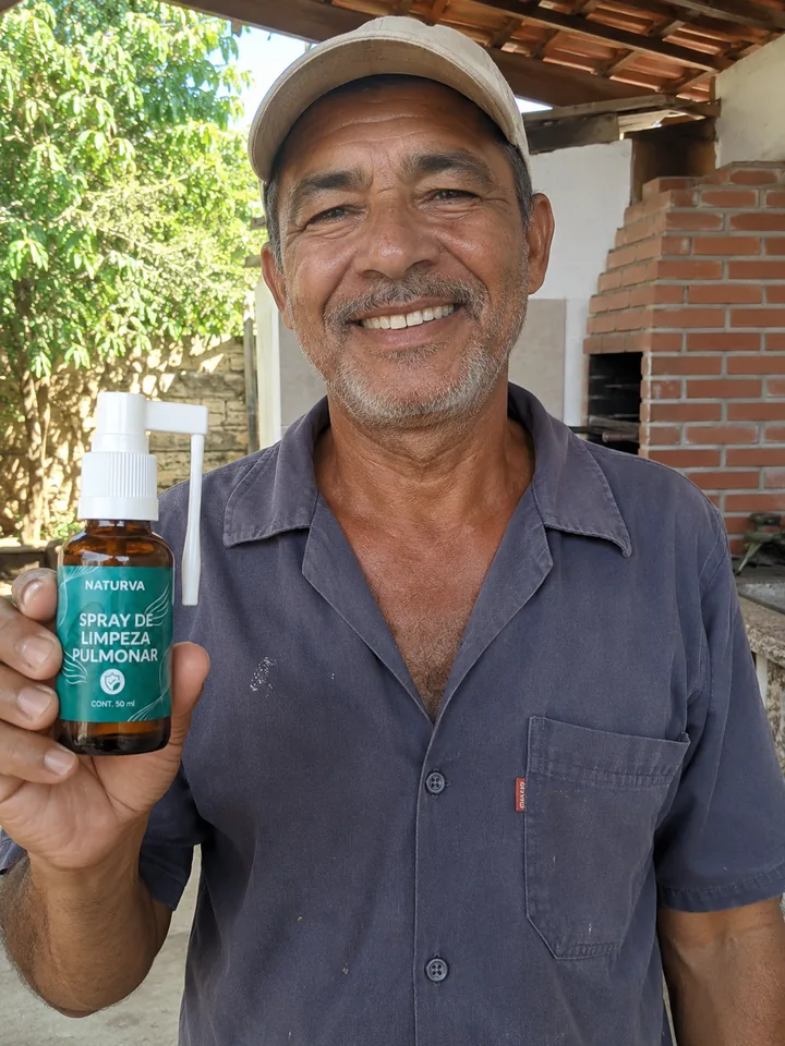 Cliente na área de lazer segurando o frasco do Naturva™ Spray de Limpeza Pulmonar